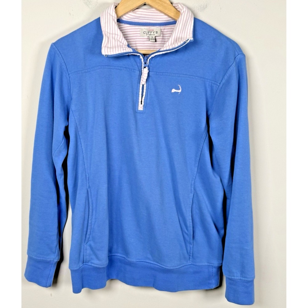 Cuffys Cape Cod 1/4 Zip Sweatshirt Blue Pink Striped Trim Coastal Preppy Small